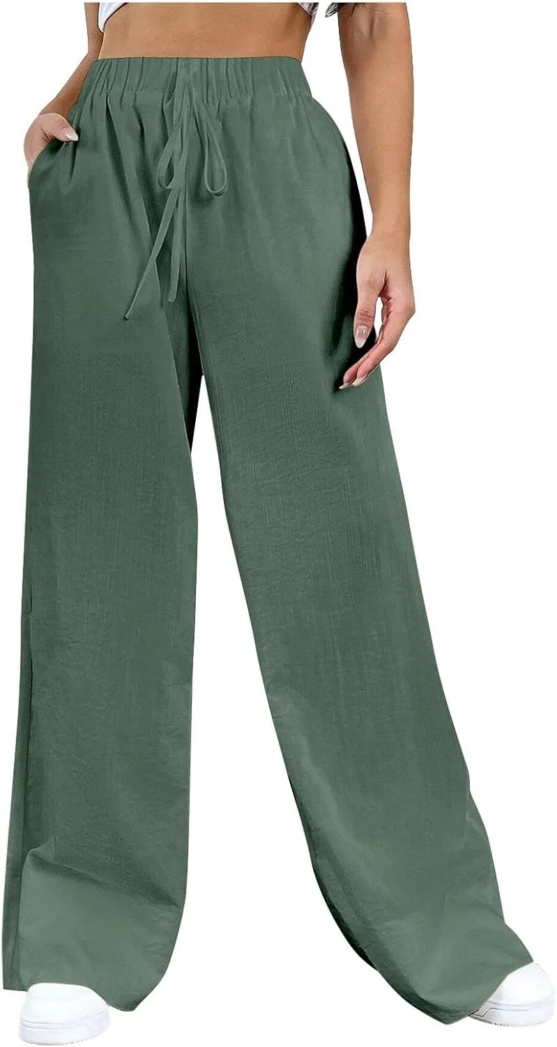 Women Linen Baggy Pants Summer Drawstring Casual Wide Leg Lounge Pant 2025 Beach Travel Vacation Clothes with Pockets