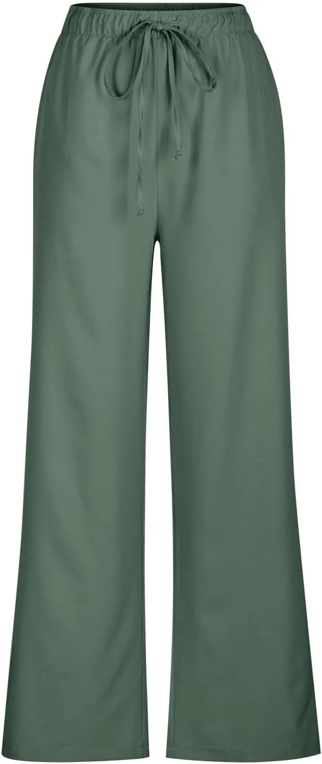 Women Linen Baggy Pants Summer Drawstring Casual Wide Leg Lounge Pant 2025 Beach Travel Vacation Clothes with Pockets