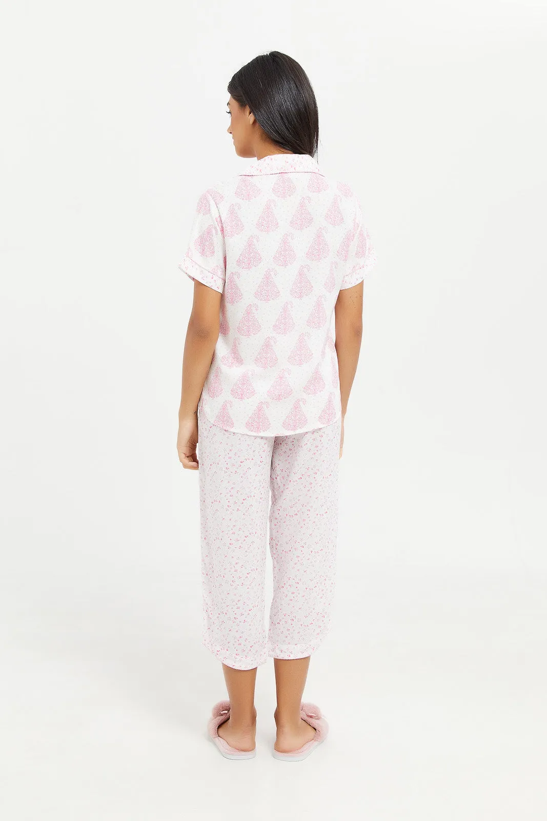 Women Pink Printed Short Sleeved Pajama Set (2 Piece)