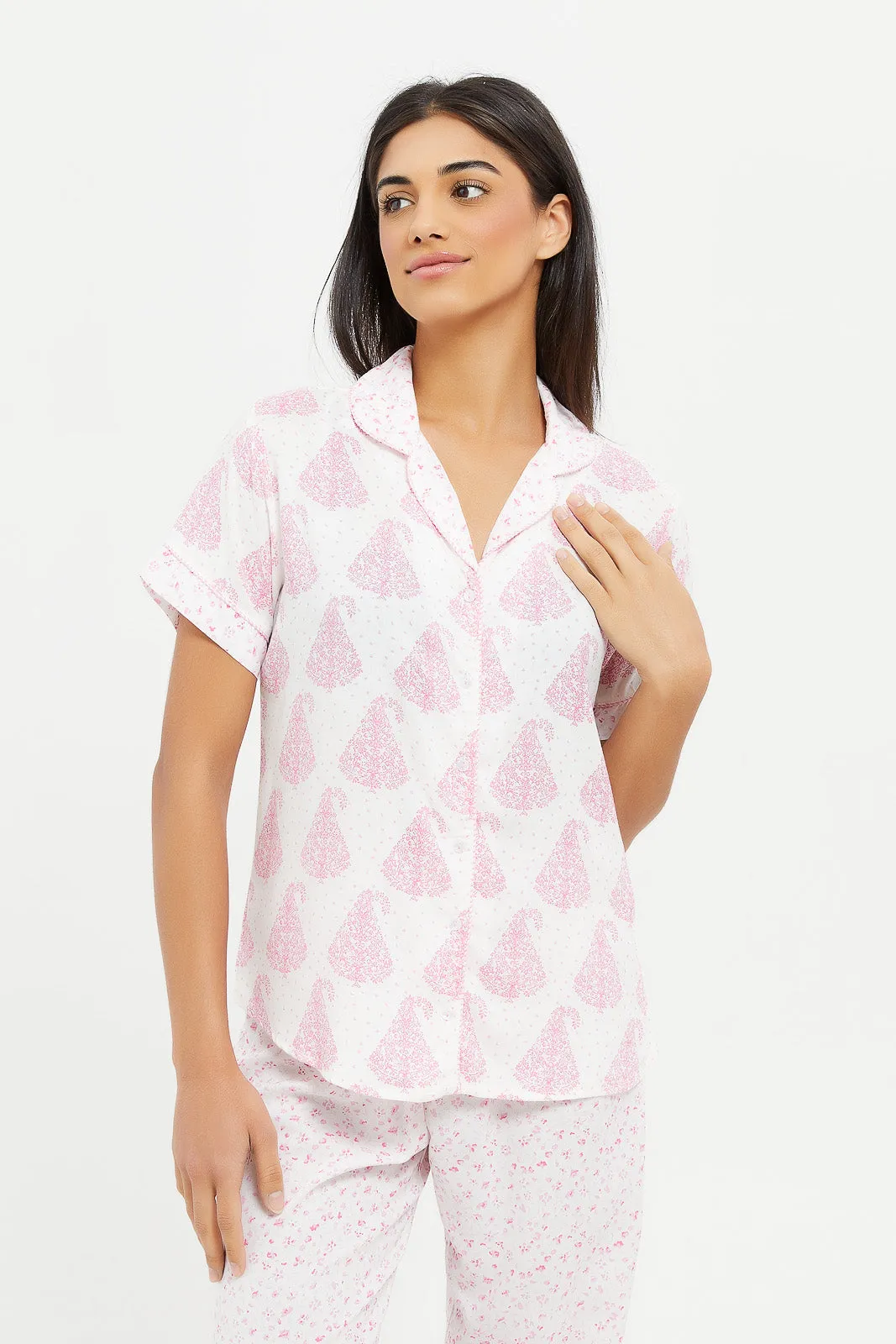 Women Pink Printed Short Sleeved Pajama Set (2 Piece)