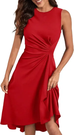 Women's 2025 Summer Sleeveless Ruched Waist Flowy A Line High Midi Dress Deep V Dress