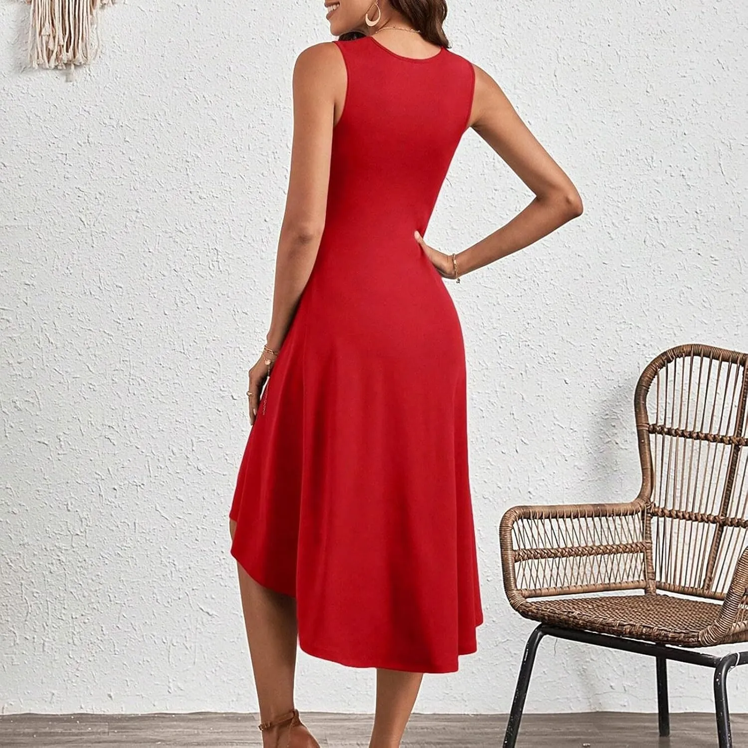 Women's 2025 Summer Sleeveless Ruched Waist Flowy A Line High Midi Dress Deep V Dress
