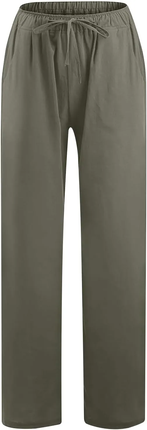Womens Casual Cotton Linen Pants High Waist Drawstring Wide Leg Palazzo Pant Lightweight Loose Fit Lounge Trousers