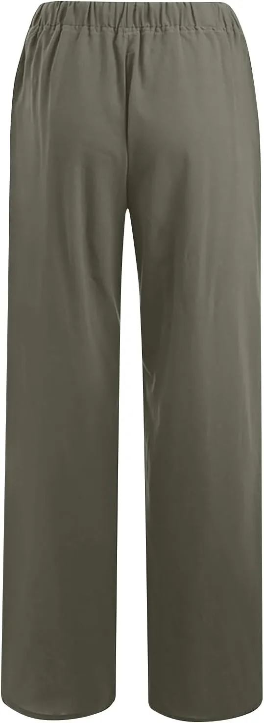 Womens Casual Cotton Linen Pants High Waist Drawstring Wide Leg Palazzo Pant Lightweight Loose Fit Lounge Trousers