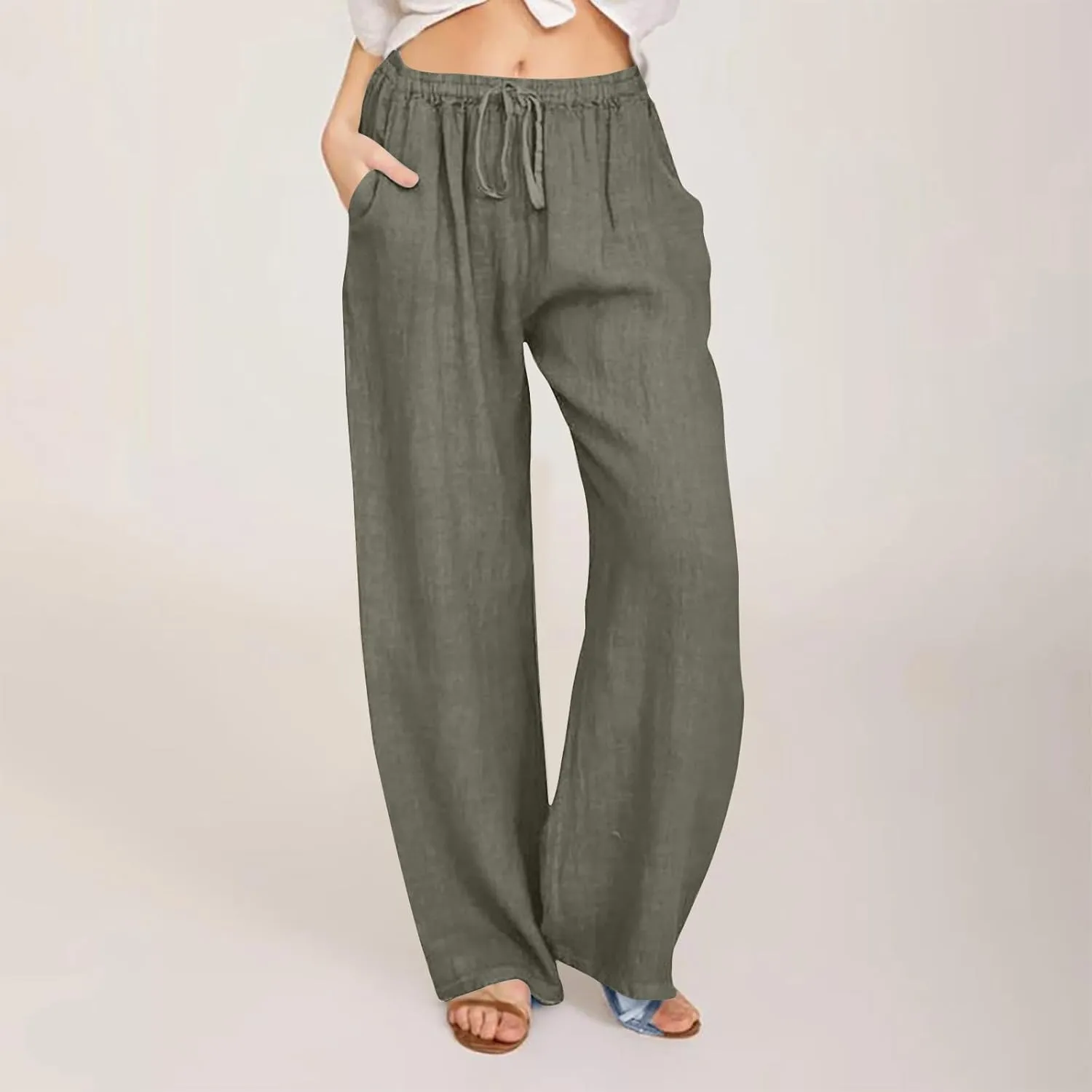 Womens Casual Cotton Linen Pants High Waist Drawstring Wide Leg Palazzo Pant Lightweight Loose Fit Lounge Trousers