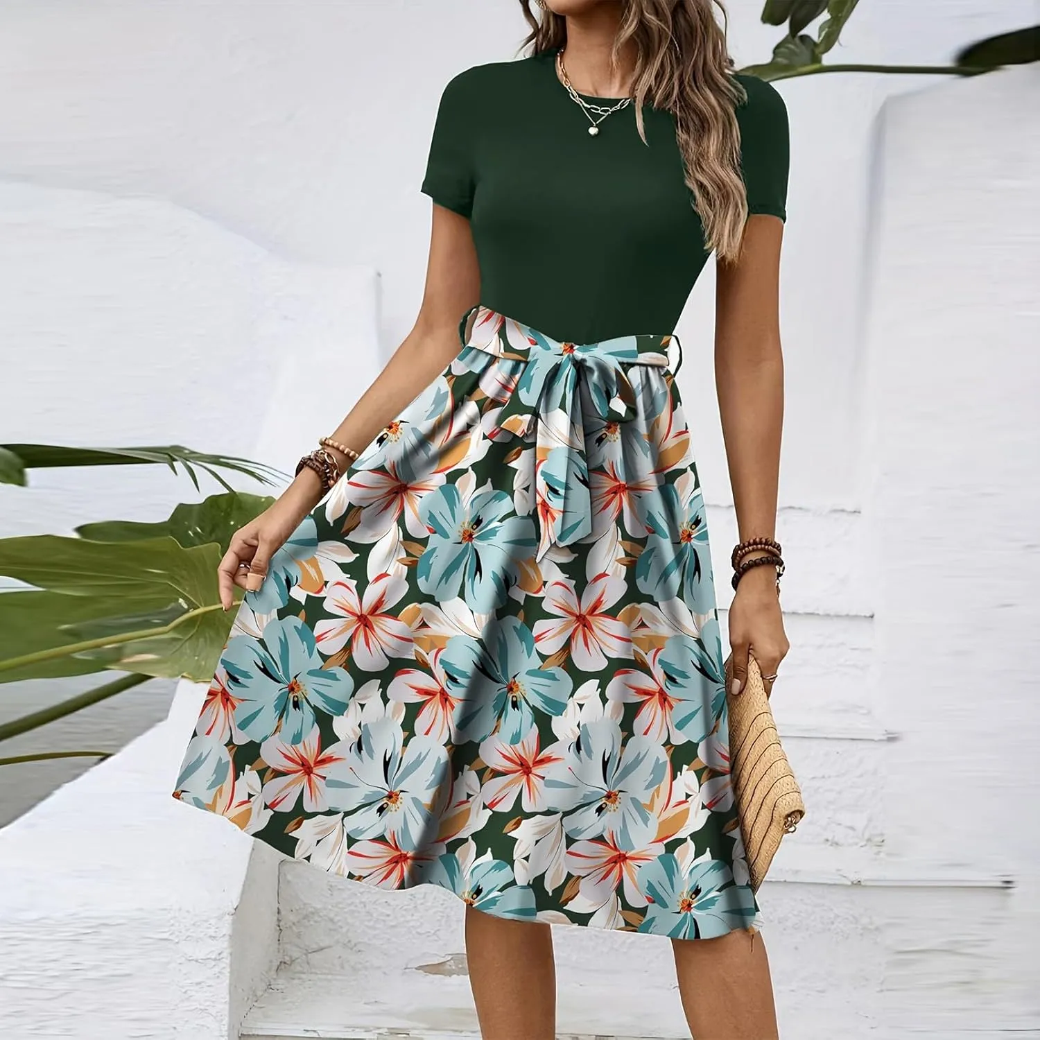 Women's Empire Waist Floral Dresses Short Sleeve Modest Midi Length Dress Summer Color Blocked Belt Dress