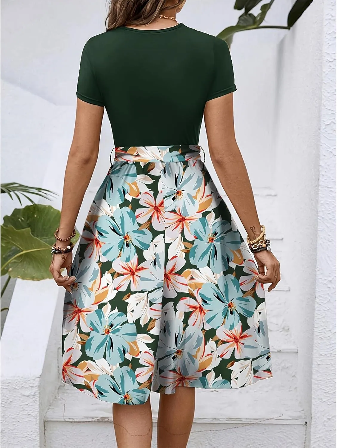 Women's Empire Waist Floral Dresses Short Sleeve Modest Midi Length Dress Summer Color Blocked Belt Dress
