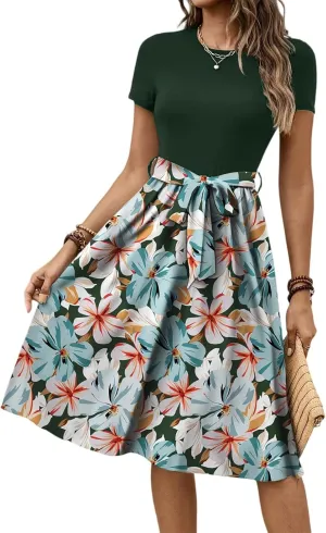 Women's Empire Waist Floral Dresses Short Sleeve Modest Midi Length Dress Summer Color Blocked Belt Dress