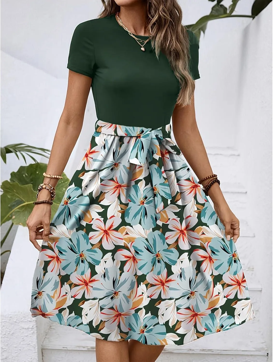 Women's Empire Waist Floral Dresses Short Sleeve Modest Midi Length Dress Summer Color Blocked Belt Dress
