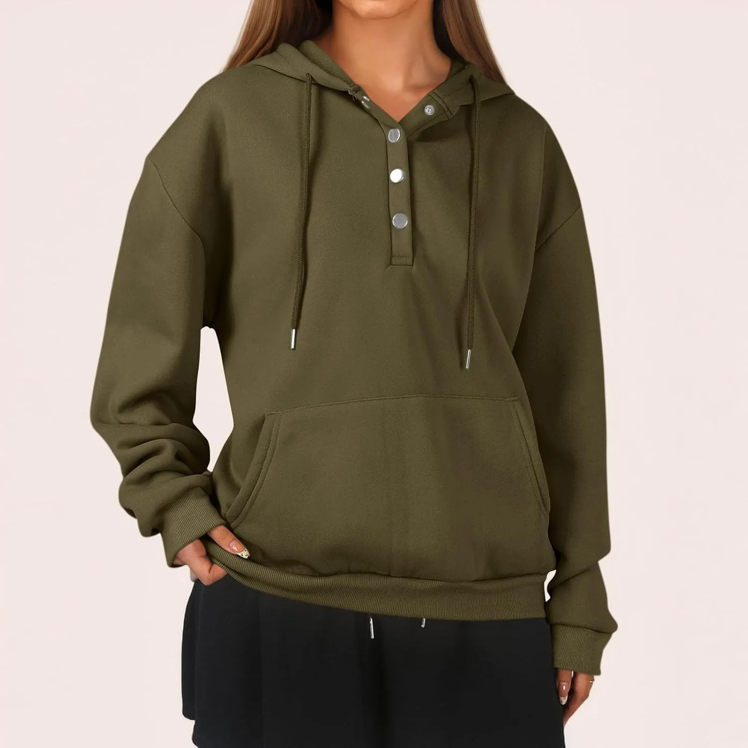 Womens Half Button Collar Hoodies Drawstring Oversized Hooded Sweatshirts Casual Long Sleeve Loose Pullover Tops