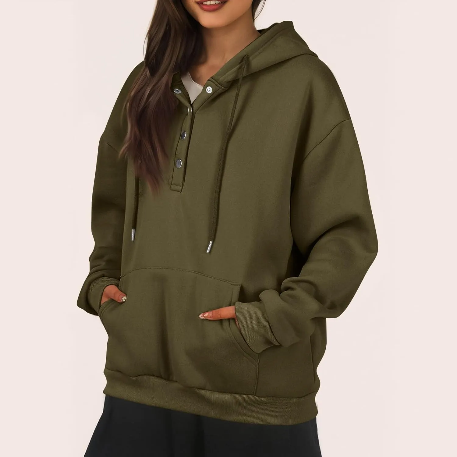 Womens Half Button Collar Hoodies Drawstring Oversized Hooded Sweatshirts Casual Long Sleeve Loose Pullover Tops