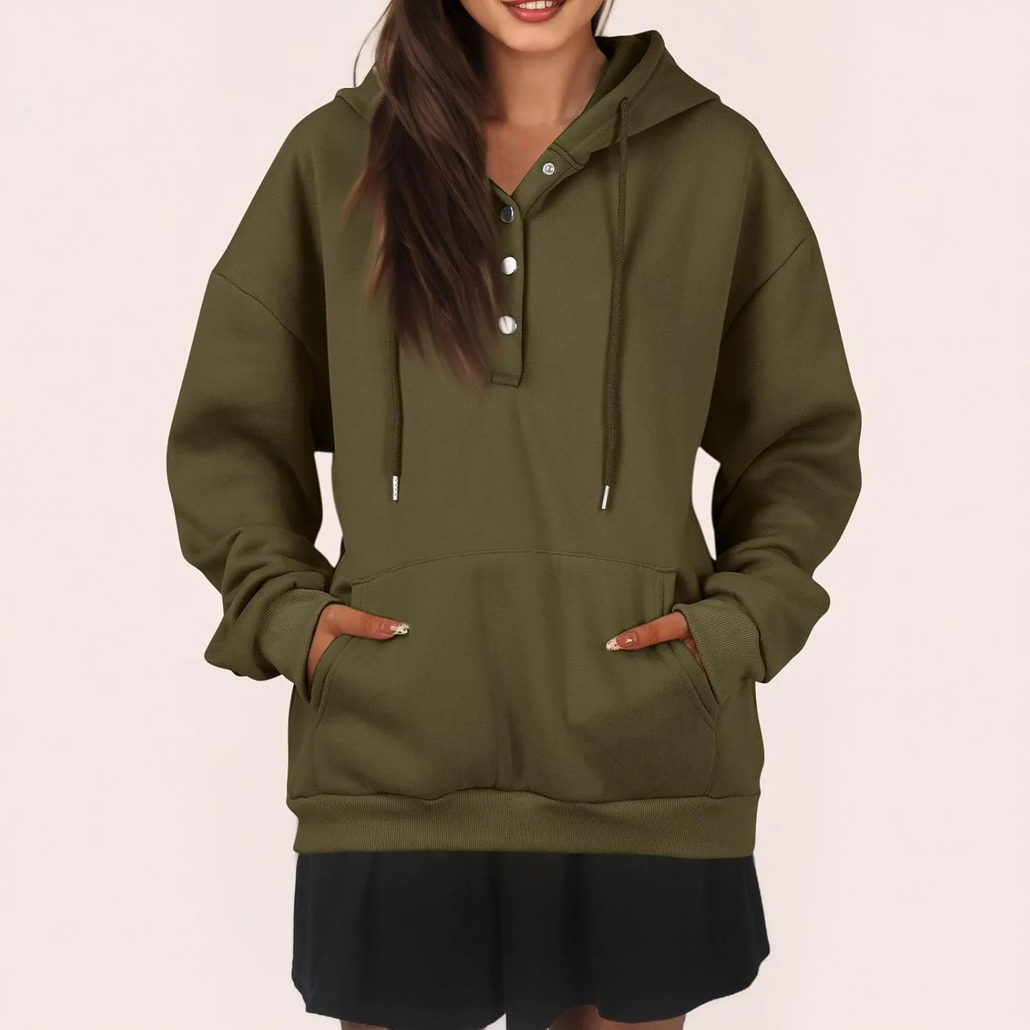 Womens Half Button Collar Hoodies Drawstring Oversized Hooded Sweatshirts Casual Long Sleeve Loose Pullover Tops
