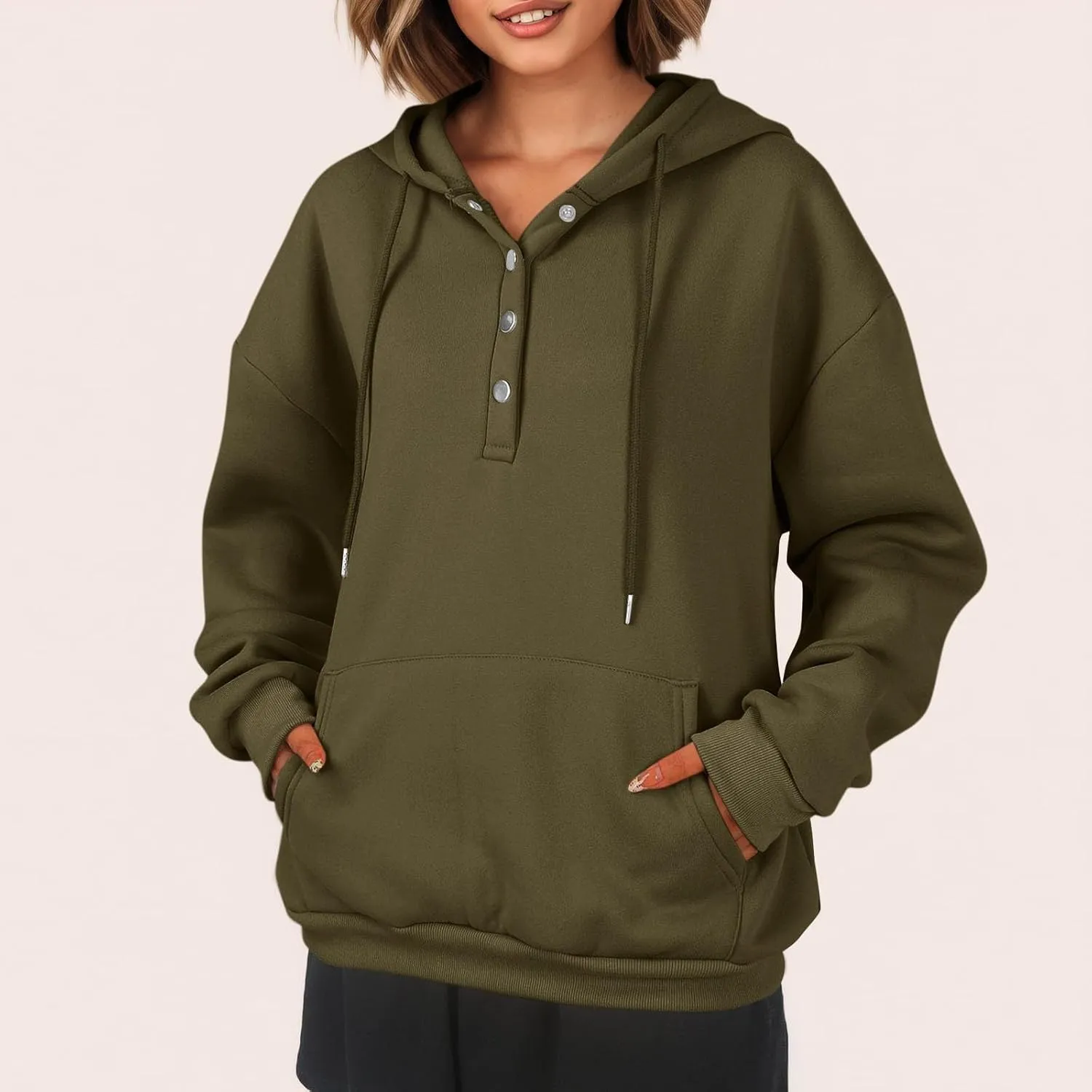 Womens Half Button Collar Hoodies Drawstring Oversized Hooded Sweatshirts Casual Long Sleeve Loose Pullover Tops