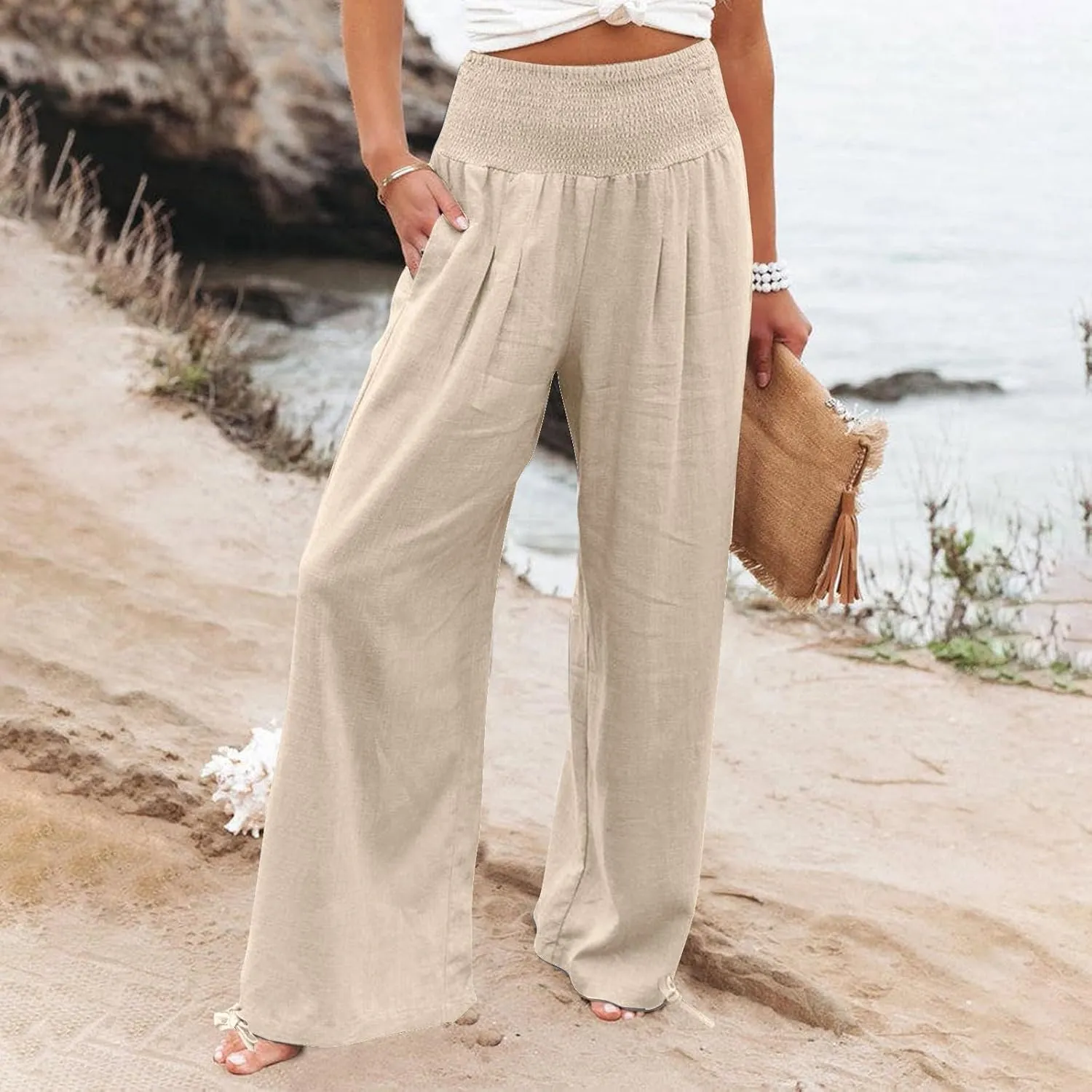 Womens Linen Pants 2025 Summer Casual Loose Wide Leg Palazzo Pants Smocked High Waist Flowy Beach Trousers