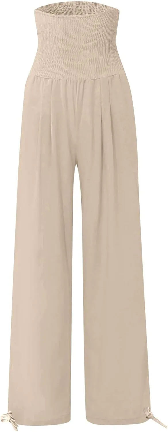 Womens Linen Pants 2025 Summer Casual Loose Wide Leg Palazzo Pants Smocked High Waist Flowy Beach Trousers