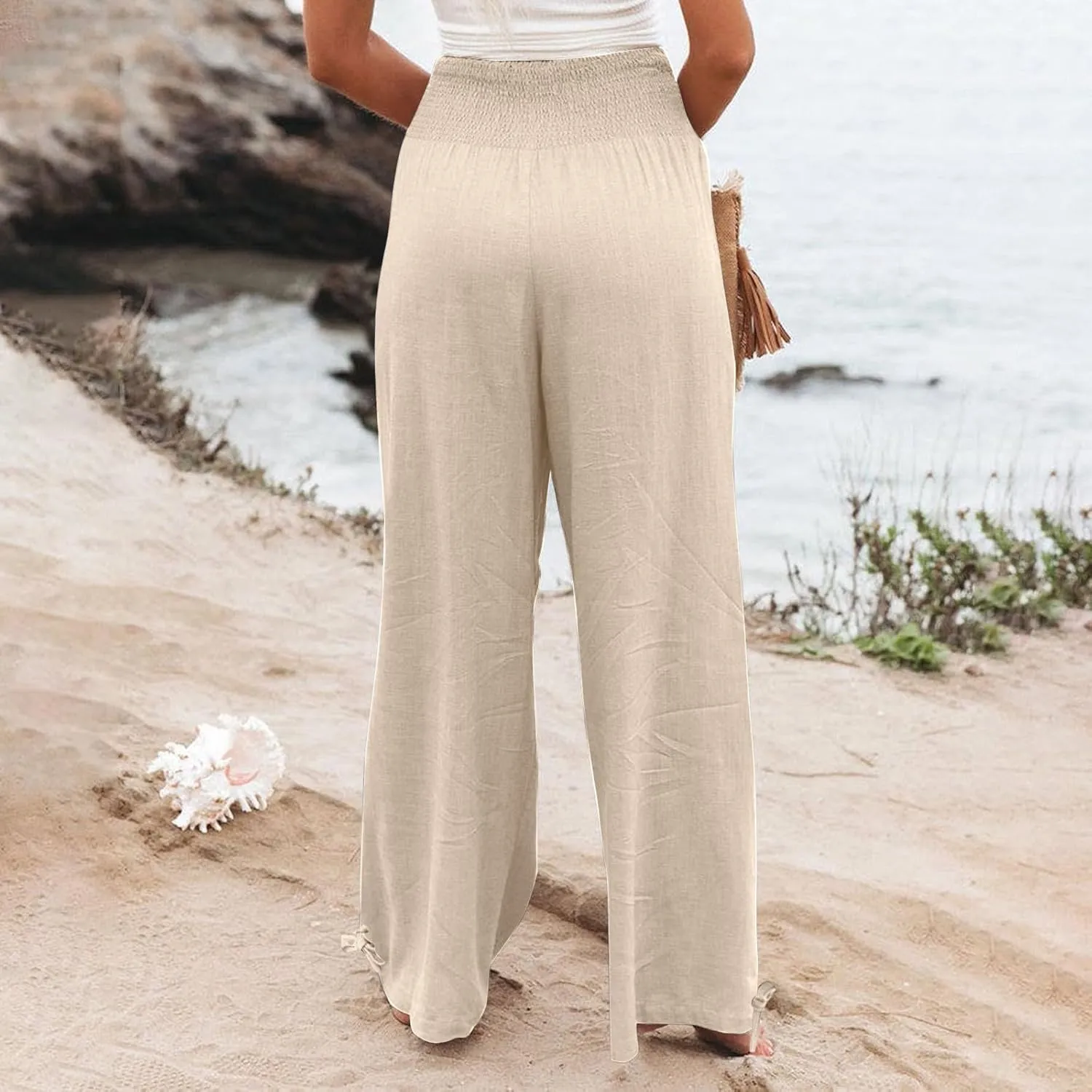 Womens Linen Pants 2025 Summer Casual Loose Wide Leg Palazzo Pants Smocked High Waist Flowy Beach Trousers