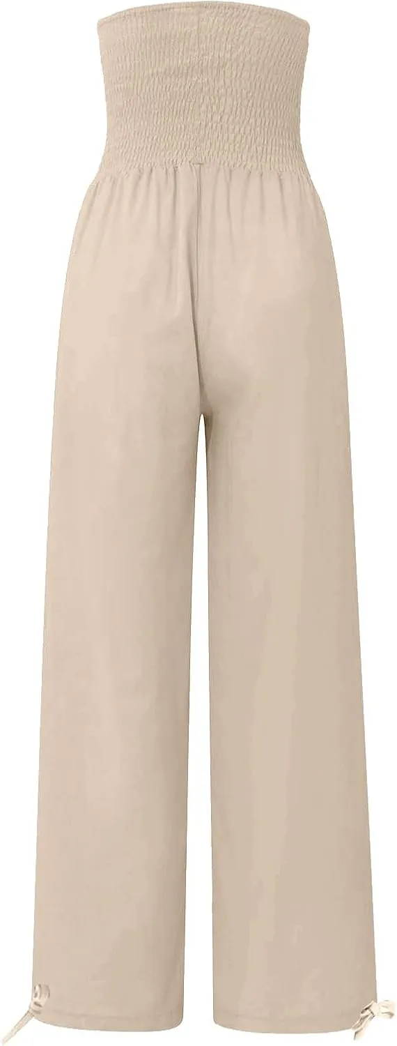 Womens Linen Pants 2025 Summer Casual Loose Wide Leg Palazzo Pants Smocked High Waist Flowy Beach Trousers