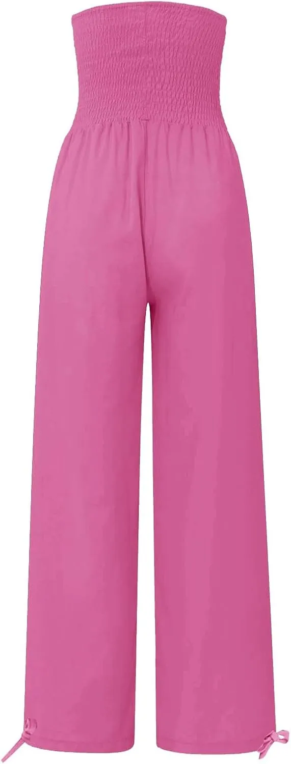 Womens Linen Pants 2025 Summer Casual Loose Wide Leg Palazzo Pants Smocked High Waist Flowy Beach Trousers