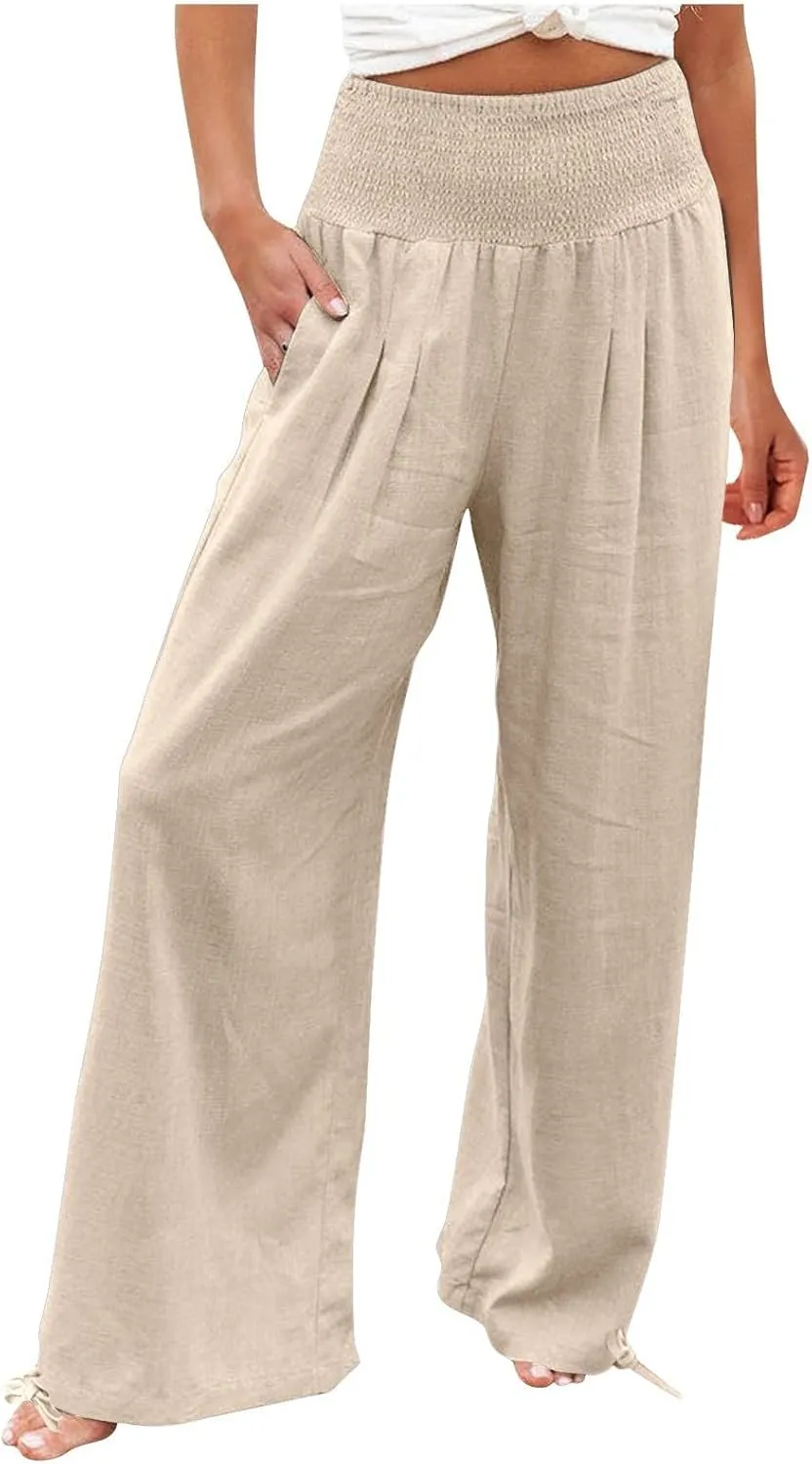 Womens Linen Pants 2025 Summer Casual Loose Wide Leg Palazzo Pants Smocked High Waist Flowy Beach Trousers