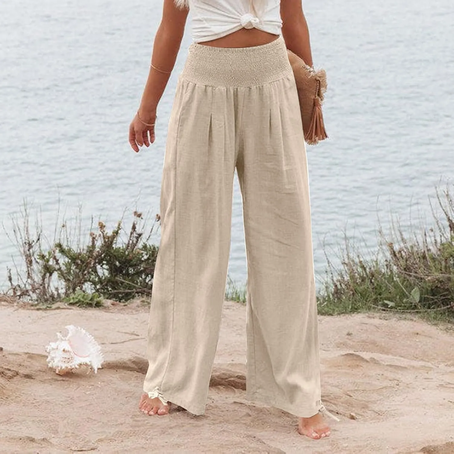 Womens Linen Pants 2025 Summer Casual Loose Wide Leg Palazzo Pants Smocked High Waist Flowy Beach Trousers