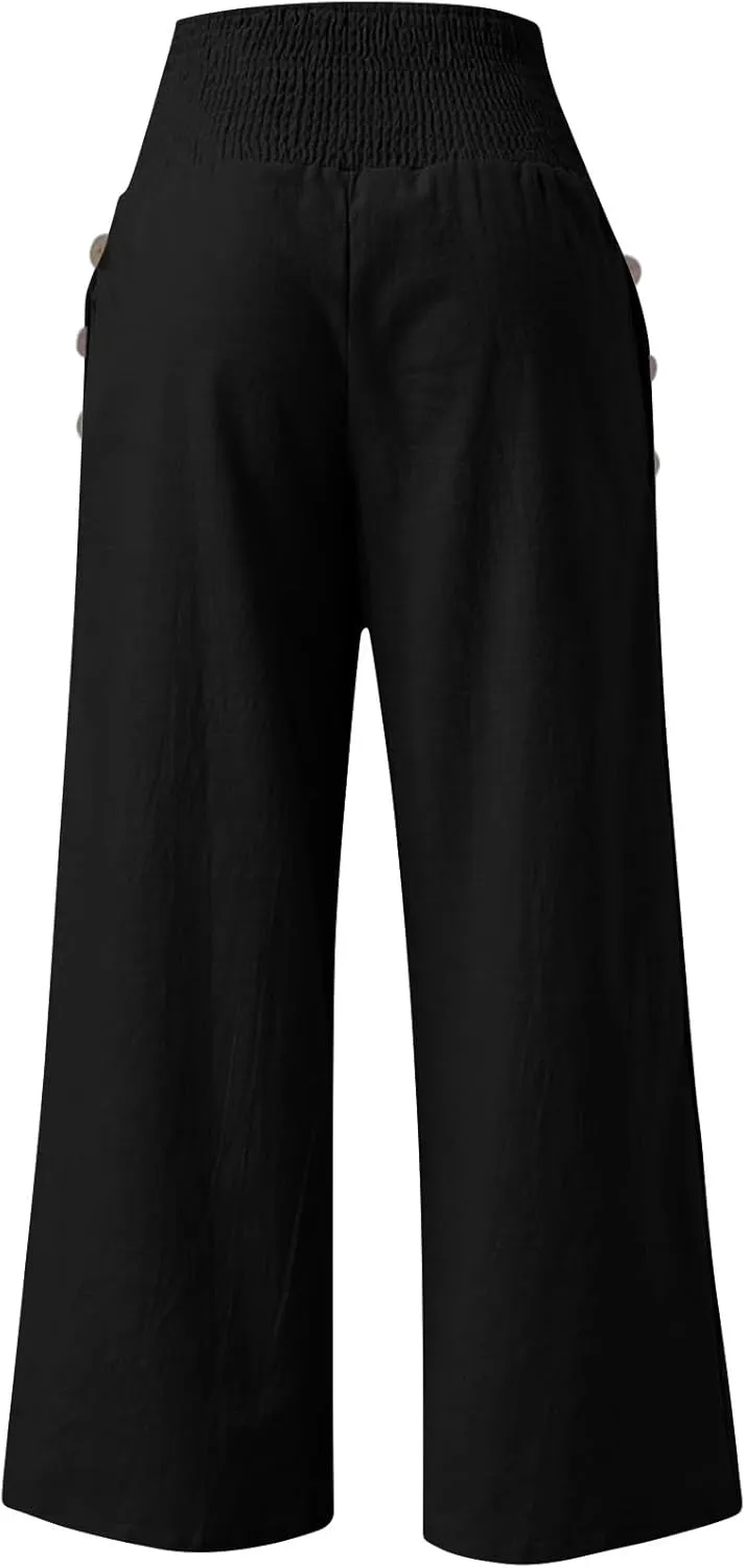 Womens Linen Pants 2025 Summer Casual Wide Leg Palazzo Pants Loose Smocked High Waist Work Slack Flowy Beach Trousers
