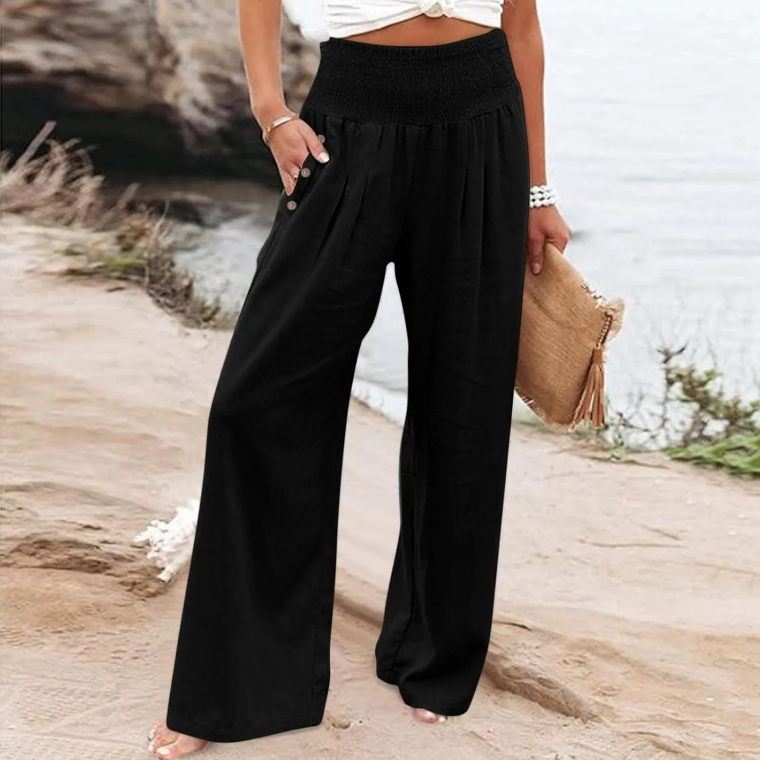 Womens Linen Pants 2025 Summer Casual Wide Leg Palazzo Pants Loose Smocked High Waist Work Slack Flowy Beach Trousers