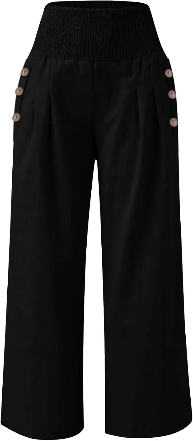 Womens Linen Pants 2025 Summer Casual Wide Leg Palazzo Pants Loose Smocked High Waist Work Slack Flowy Beach Trousers