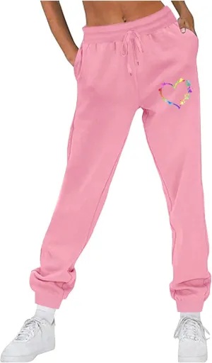 Women's Love Heart Dog Paw Print Sweatpants Winter Fleece Sports Pant Baggy High Waist Drawstring Joggers with Pockets