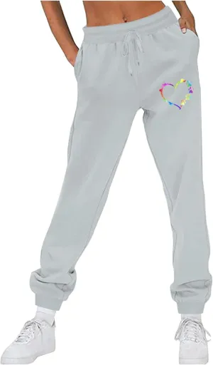 Women's Love Heart Dog Paw Print Sweatpants Winter Fleece Sports Pant Baggy High Waist Drawstring Joggers with Pockets