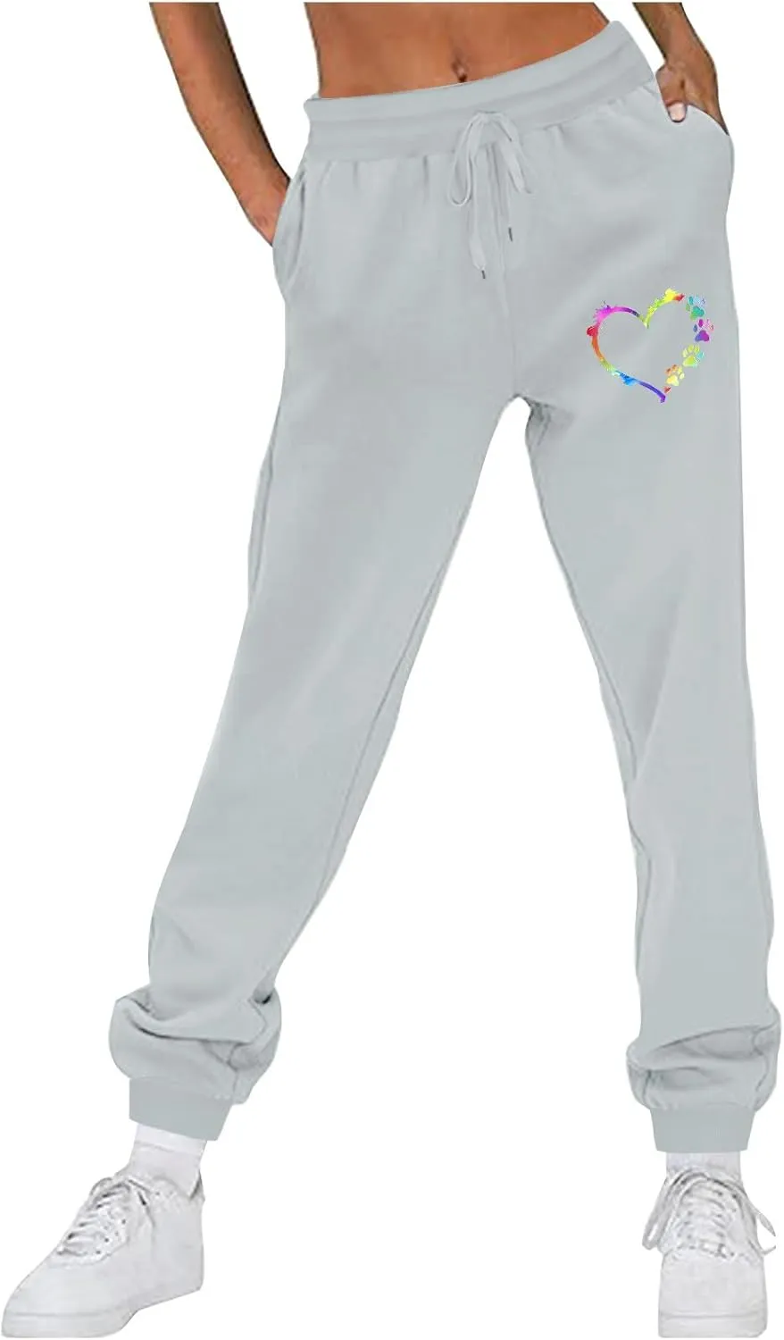 Women's Love Heart Dog Paw Print Sweatpants Winter Fleece Sports Pant Baggy High Waist Drawstring Joggers with Pockets