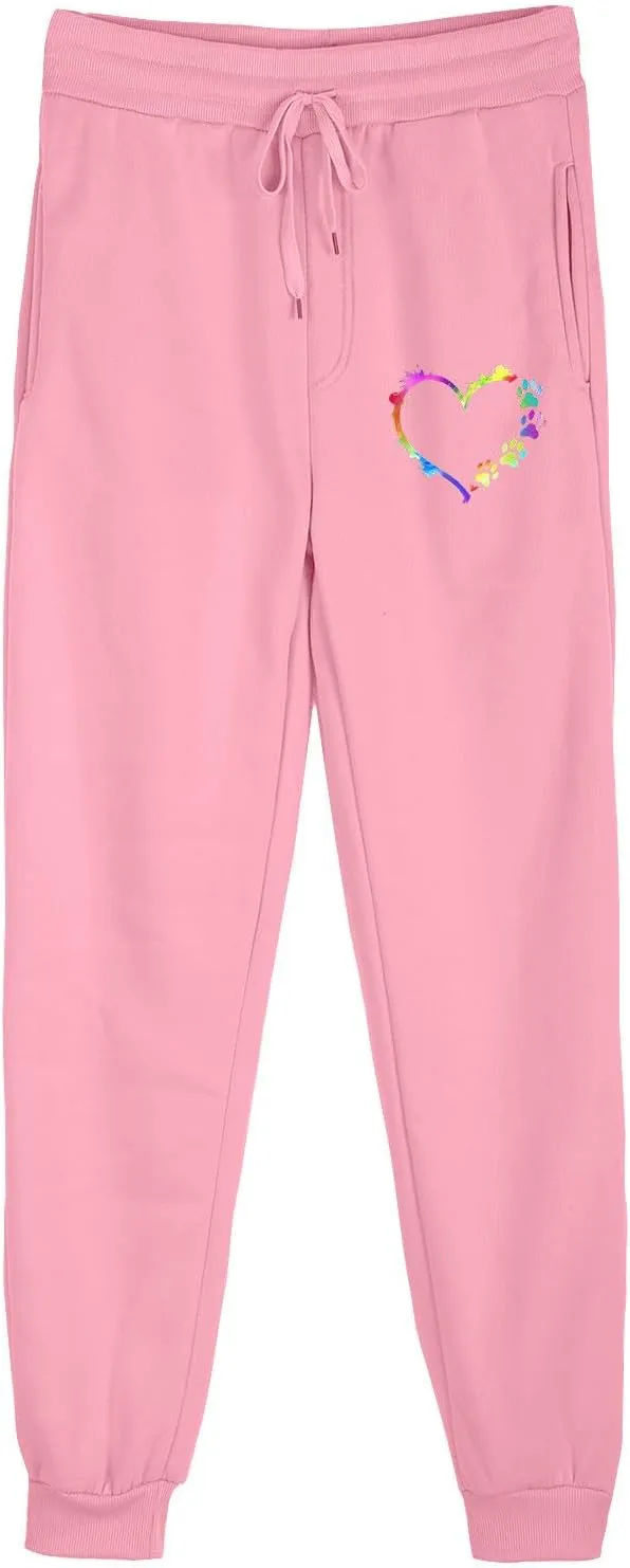 Women's Love Heart Dog Paw Print Sweatpants Winter Fleece Sports Pant Baggy High Waist Drawstring Joggers with Pockets