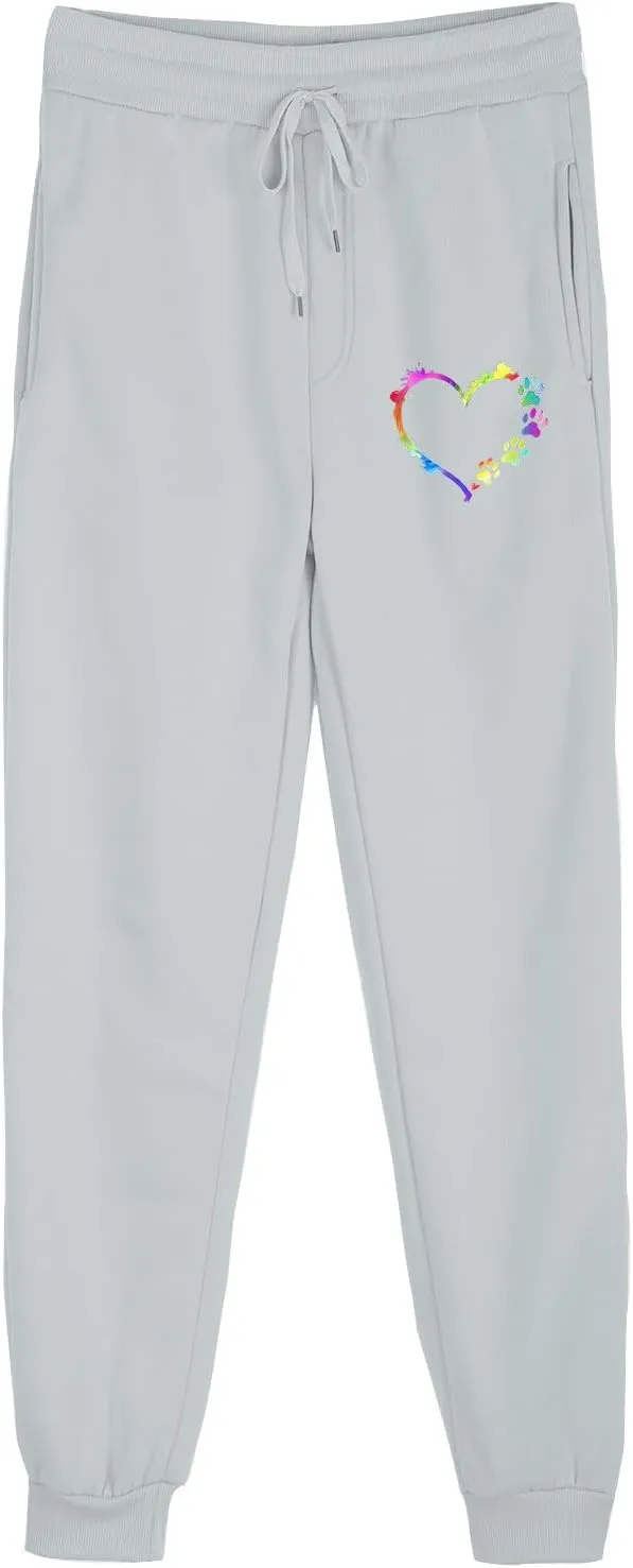 Women's Love Heart Dog Paw Print Sweatpants Winter Fleece Sports Pant Baggy High Waist Drawstring Joggers with Pockets