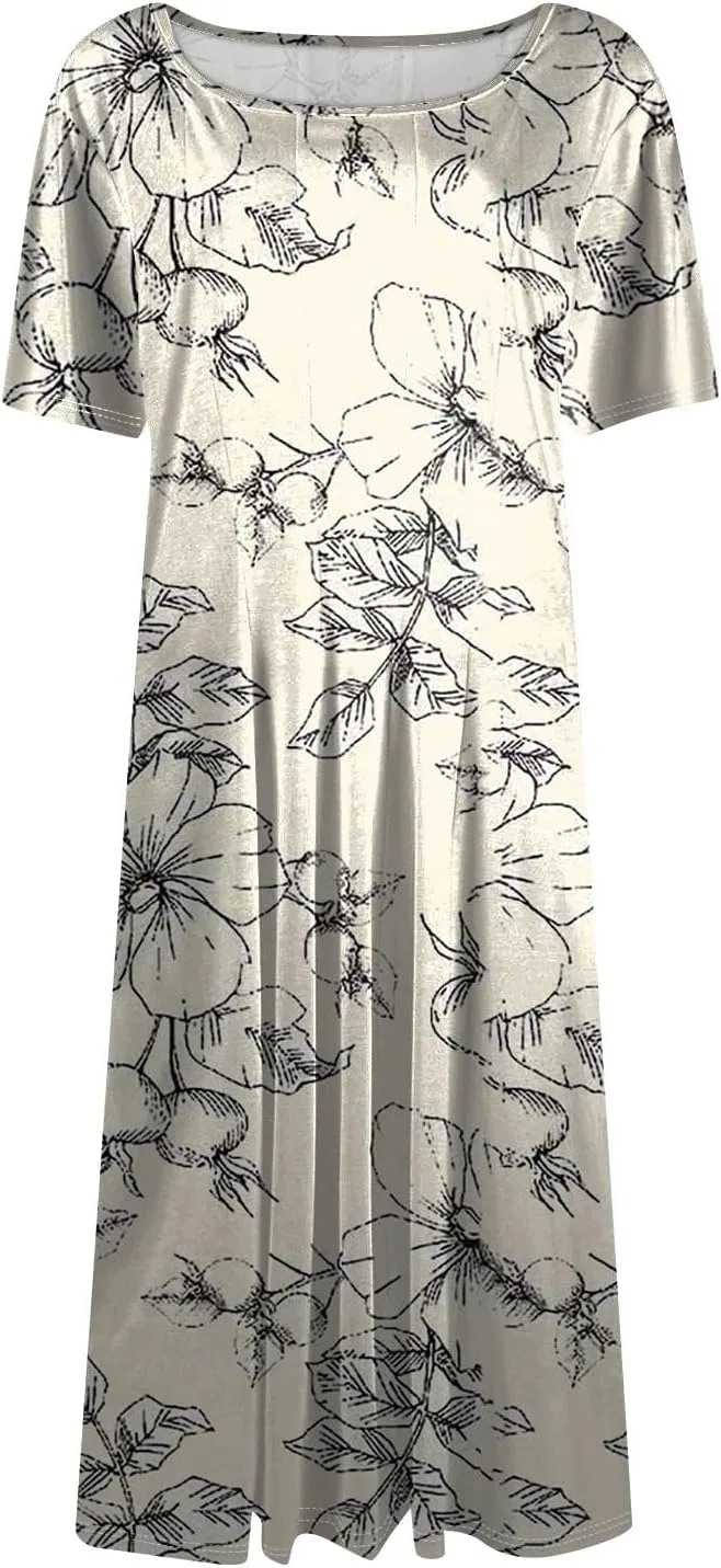 Womens Spring Dress Casual Short Sleeve Midi Dresses Round Neck Floral Print Pleated A Line Boho Flowy Beach Sundress