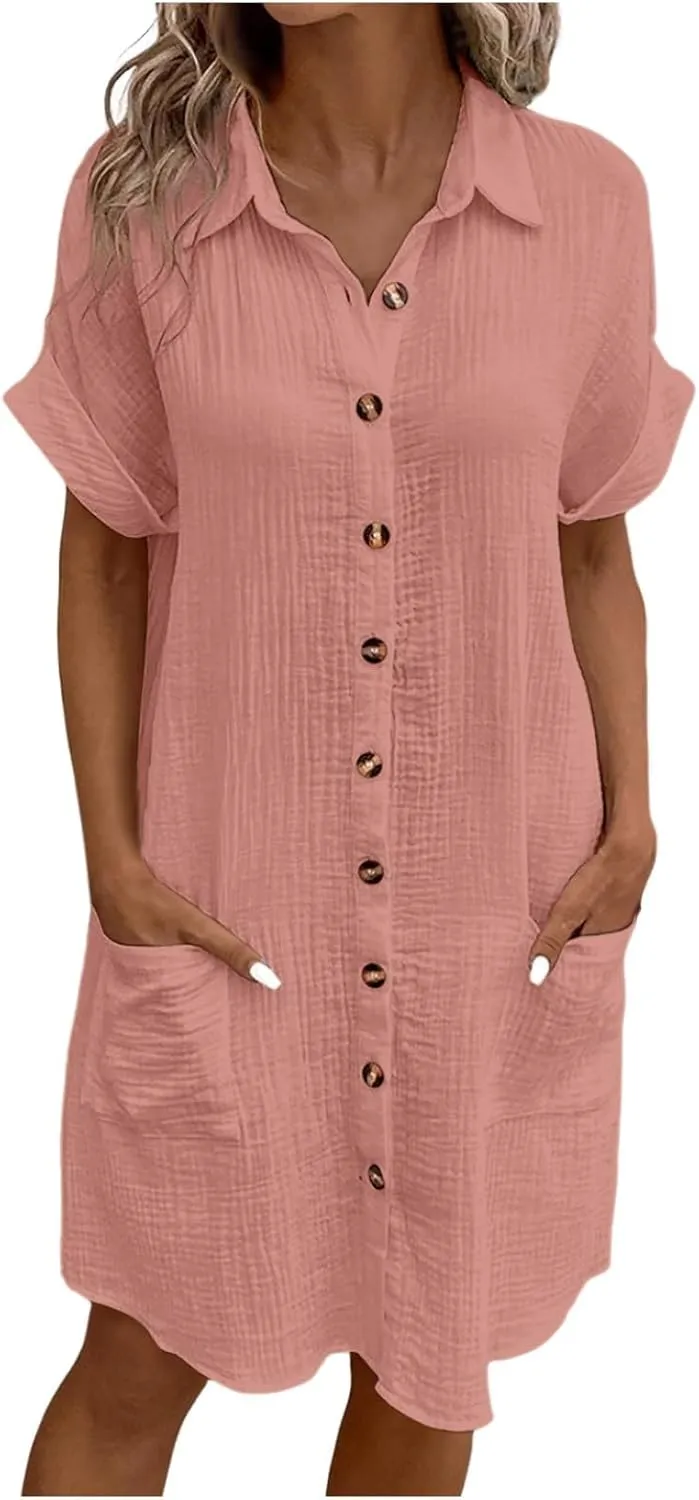 Womens Summer Button Down Shirt Dress Short Cap Sleeve Mini Dresses Loose Fit Casual Sundress with Pockets