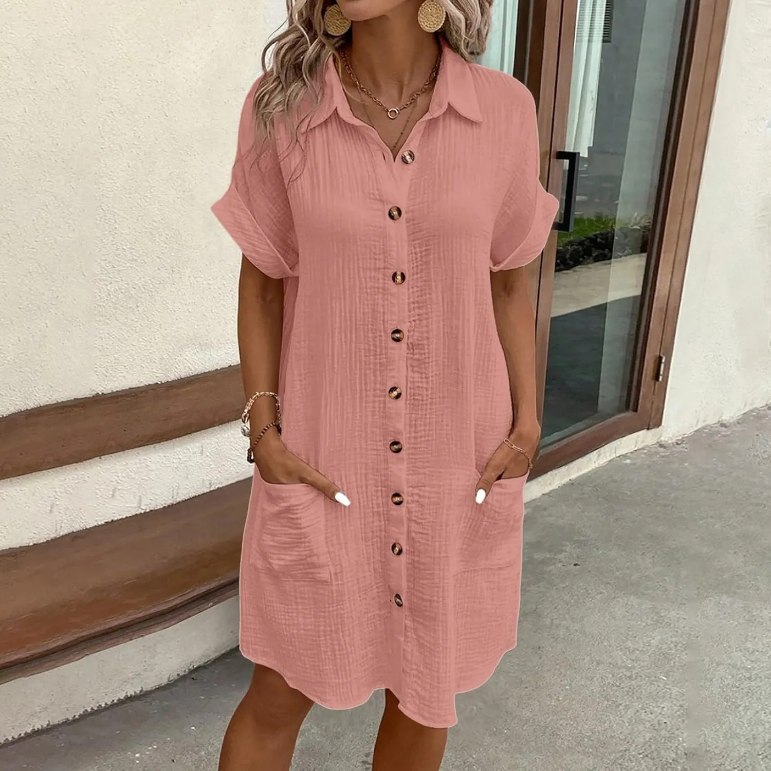 Womens Summer Button Down Shirt Dress Short Cap Sleeve Mini Dresses Loose Fit Casual Sundress with Pockets
