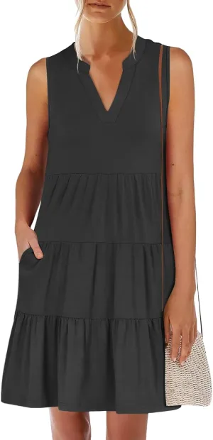 Women's Summer Casual V Neck Dress with Pocket Cute Sleeveless High Waist A-line Sundress Midi Dresses 2025
