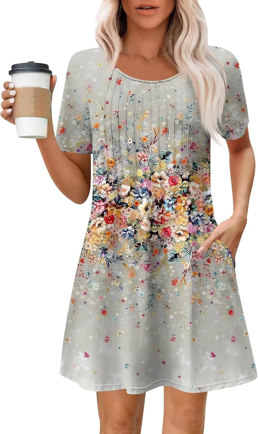 Women's Summer Dresses Loose Beach Vacation Casual Sundress with Pocket Short Sleeve Shirt Dress