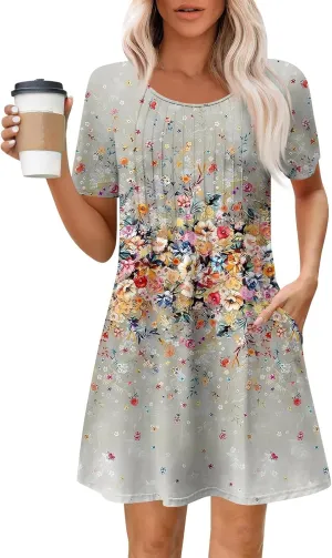 Women's Summer Dresses Loose Beach Vacation Casual Sundress with Pocket Short Sleeve Shirt Dress